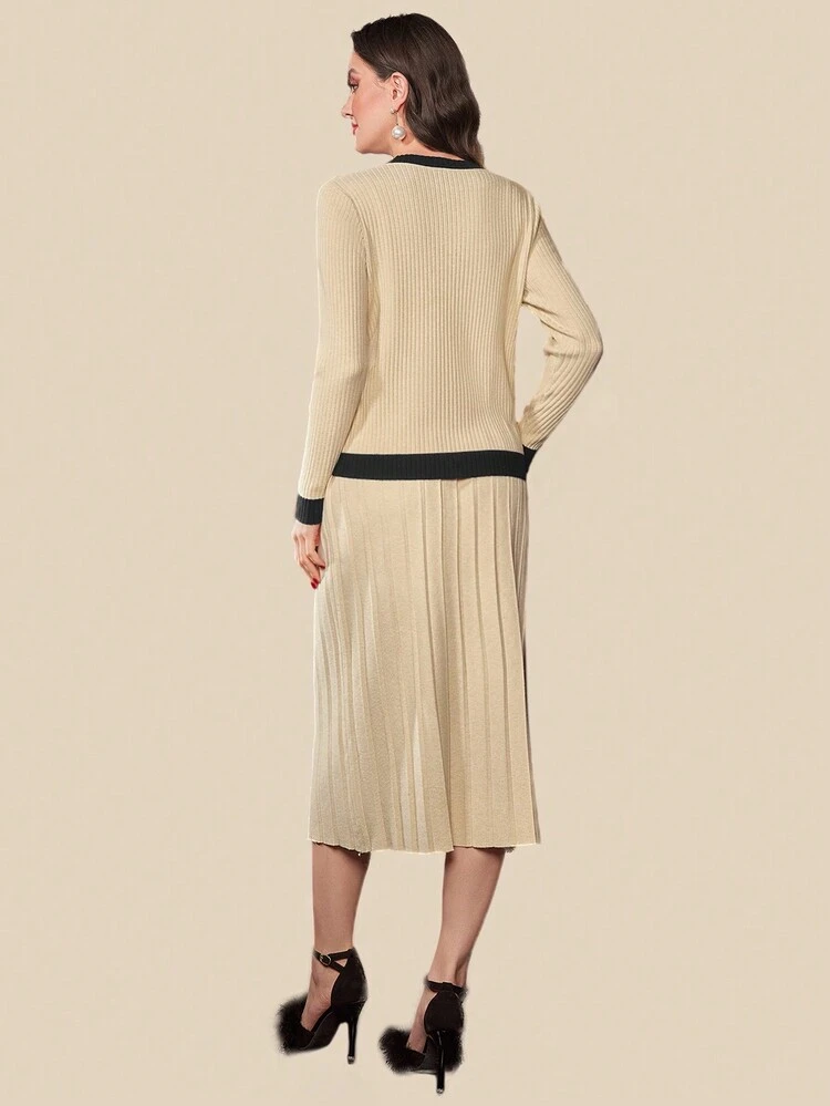Women'S Contrast Trim Sweater And Pleated Knit Skirt Two Piece Set Fall Cloth For Women