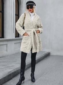 SHEIN LUNE Dual Pocket Belted Teddy Coat - Beige - View 3