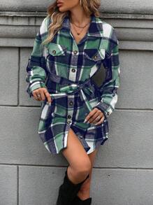 SHEIN LUNE 女士格紋襟翼細節釦式連衣裙 - 彩色 - 查看 5