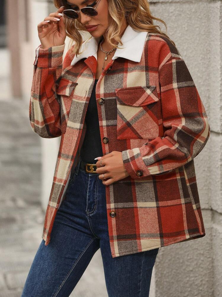 Women's Checked Color Block Collar, Lapel, Flap Pocket Woolen Coat Fall Cloth For Women
