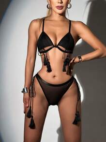 Của phụ nữ Nội y sexy Bộ Với Tua Buộc & Lưới Chất vải - màu đen - Xem 3