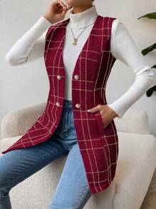 SHEIN Privé Của phụ nữ Đỏ  Kẻ sọc Có nút Trang trí Không tay Áo vest - Màu Đỏ Sâu - Xem 1