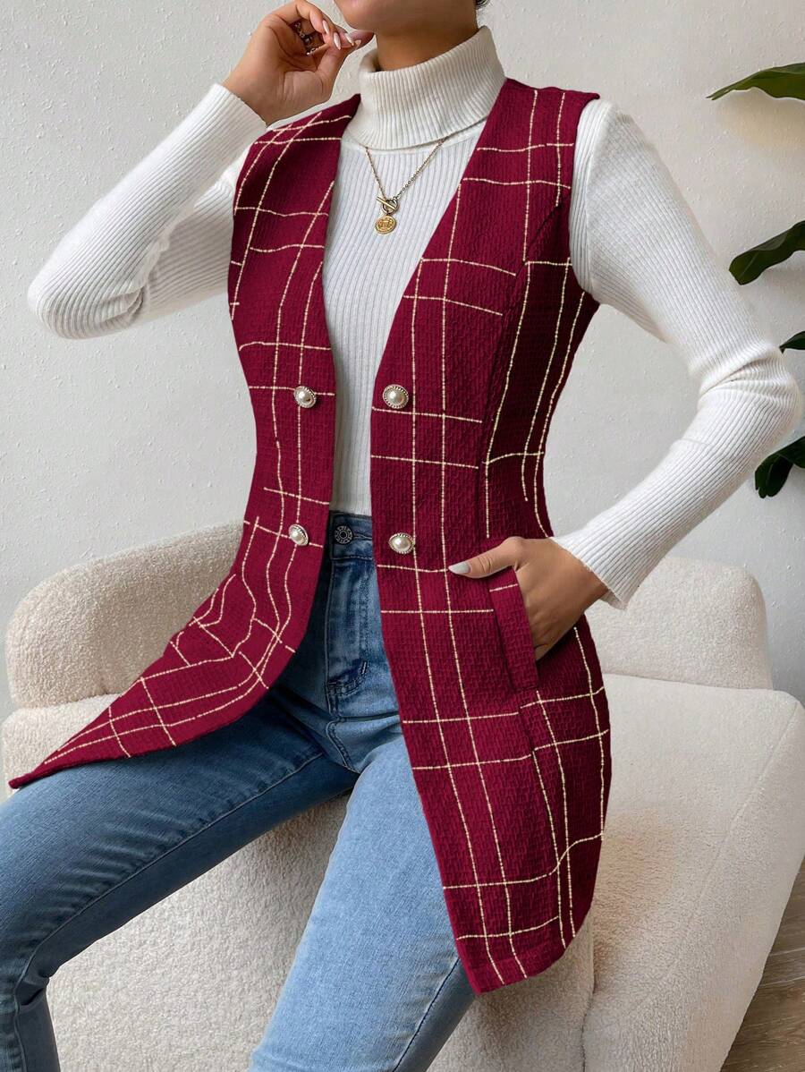 SHEIN Privé Của phụ nữ Đỏ  Kẻ sọc Có nút Trang trí Không tay Áo vest - Màu Đỏ Sâu - Xem 1
