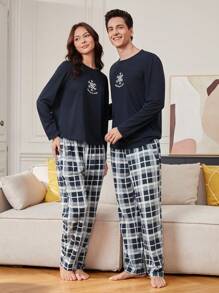 女士絨布雪花格紋家居服套裝