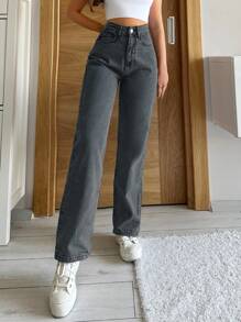 SHEIN PETITE Zipper Fly Straight Leg Jeans - Medium Wash - View 5