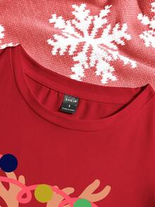 SHEIN EZwear Camiseta Impresa De Navidad Para Mujer - Rojo - Ver 3