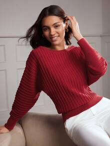 MOTF Classy 條紋蝙蝠袖毛衣 - 酒紅色 - 查看 10