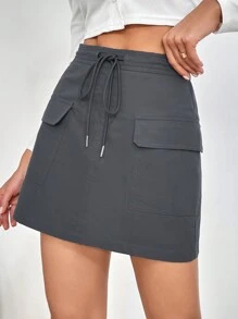 SHEIN Essnce Women's Drawstring Waist Flap Cover Pocket Skirt - Grey - View 3