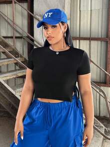 SHEIN EZwear CURVE 側開衩正面繫帶短袖t卹 - 黑色 - 查看 5