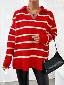 SHEIN Striped Pattern Drop Shoulder Sweater - Red - View 4