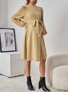 SHEIN Vestido Premamá Con Cinturón Y Mangas Farol - Albaricoque - Ver 4