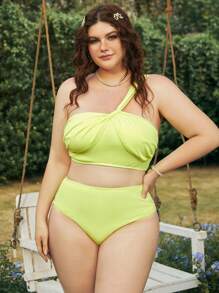 Swim Mod Plus Size Women's One Shoulder Ruffle Bikini Set Summer Beach - Yellow - View 4