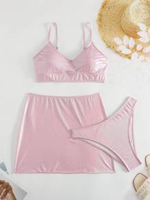 SHEIN Swim 粉色比基尼套装和沙滩裙（三件套）夏日海滩 - 粉色 - 查看 7