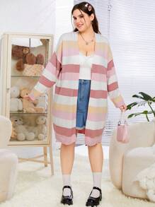 SHEIN EZwear Women's Plus Size Striped Color Block Cardigan - Multicolor - View 4
