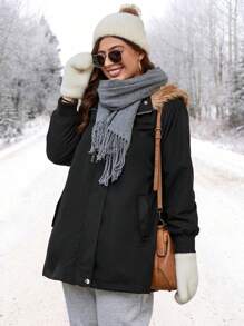 SHEIN LUNE 加大拉链毛绒装饰连帽派克大衣棉服外套冬季 - 黑色 - 查看 5