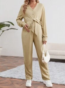 SHEIN 孕婦女士素色下肩帶腰帶連身褲 - 卡其色 - 查看 3