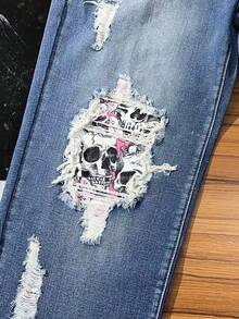 Plus Size Women Skull Print Distressed Denim Jeans - Blue - View 3