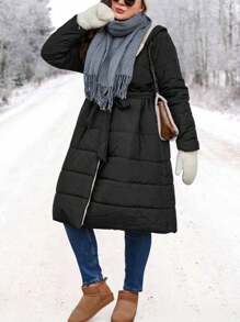 SHEIN LUNE Plus Slant Pocket Hooded Belted Padded Padded Coat Clothes Winter - Black - View 5