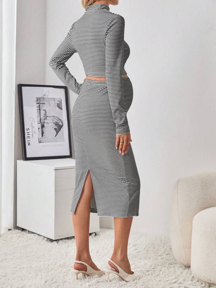 Maternity Mock Neck Crop Tee & Adjustable Waist Skirt