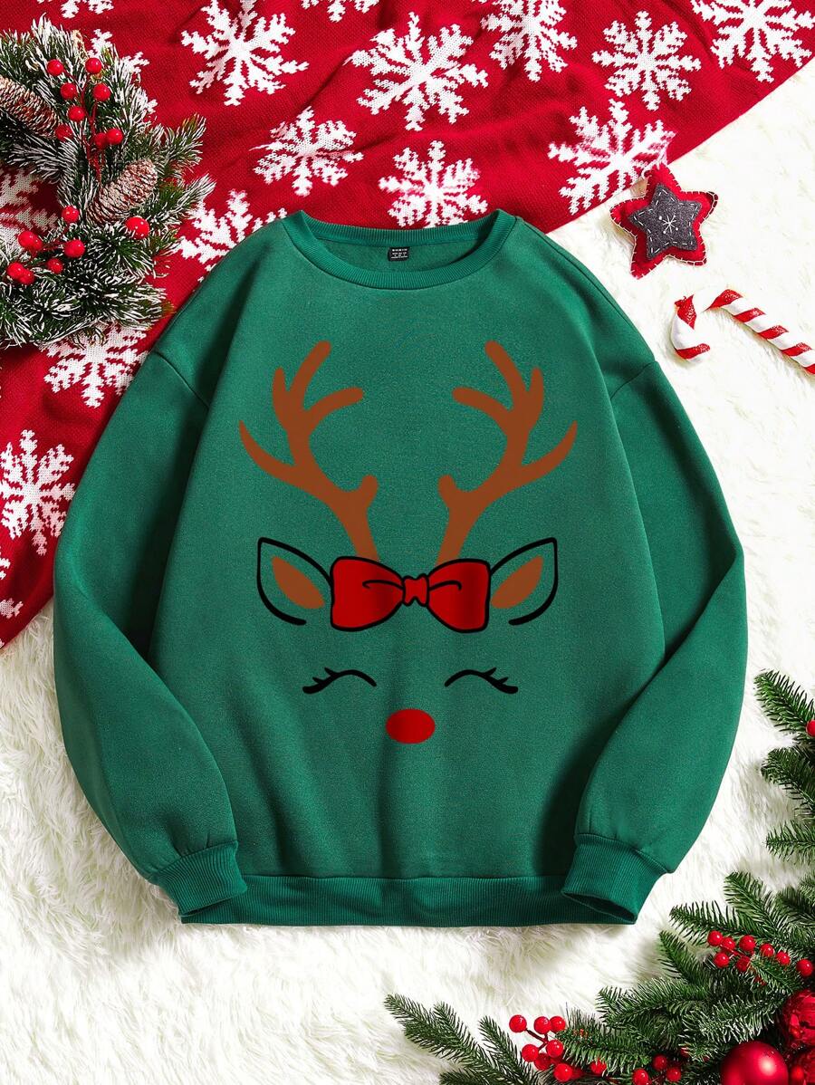 SHEIN Qutie 女士鹿图案落肩羊毛衫 - 墨綠色 - 查看 1