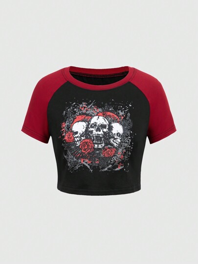 Grunge Punk Camiseta Con Manga Raglán Y Estampado De Calavera Y Flores