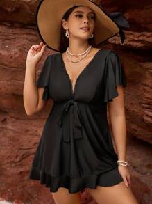 SHEIN Swim Curve Women's Plus Size Lace Splice Swim Dress Set - Black - View 4