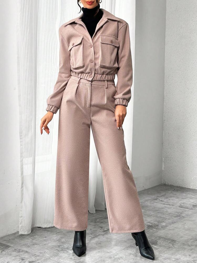 Ladies' Solid Color Shirt Collar With Large Pocket Top And Woolen Coat Set, 2pcs
