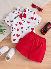 Conjunto de 2 piezas de camisa y pantalones cortos con estampado de corazón para niño, Día de San Valentín - Multicolor - Ver 1