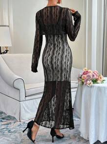 SHEIN Privé Lace Short Jacket & Mermaid Hem Dress Two Piece Set Fall Cloth For Women - Black - View 3
