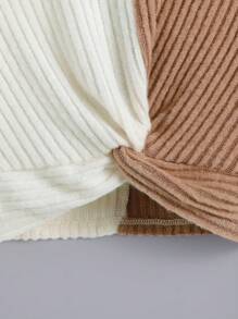 SHEIN Leap Crew Young Girl Street Style Knit Patchwork Long Sleeve Top - Khaki - View 4