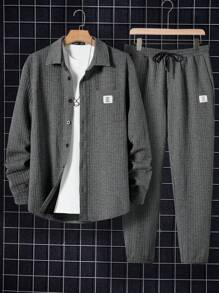 Manfinity RebelGame Loose Fit Men's Shirt And Drawstring Waist Pants With Letter Patches (No T-Shirt Included) - Dark Grey - View 1