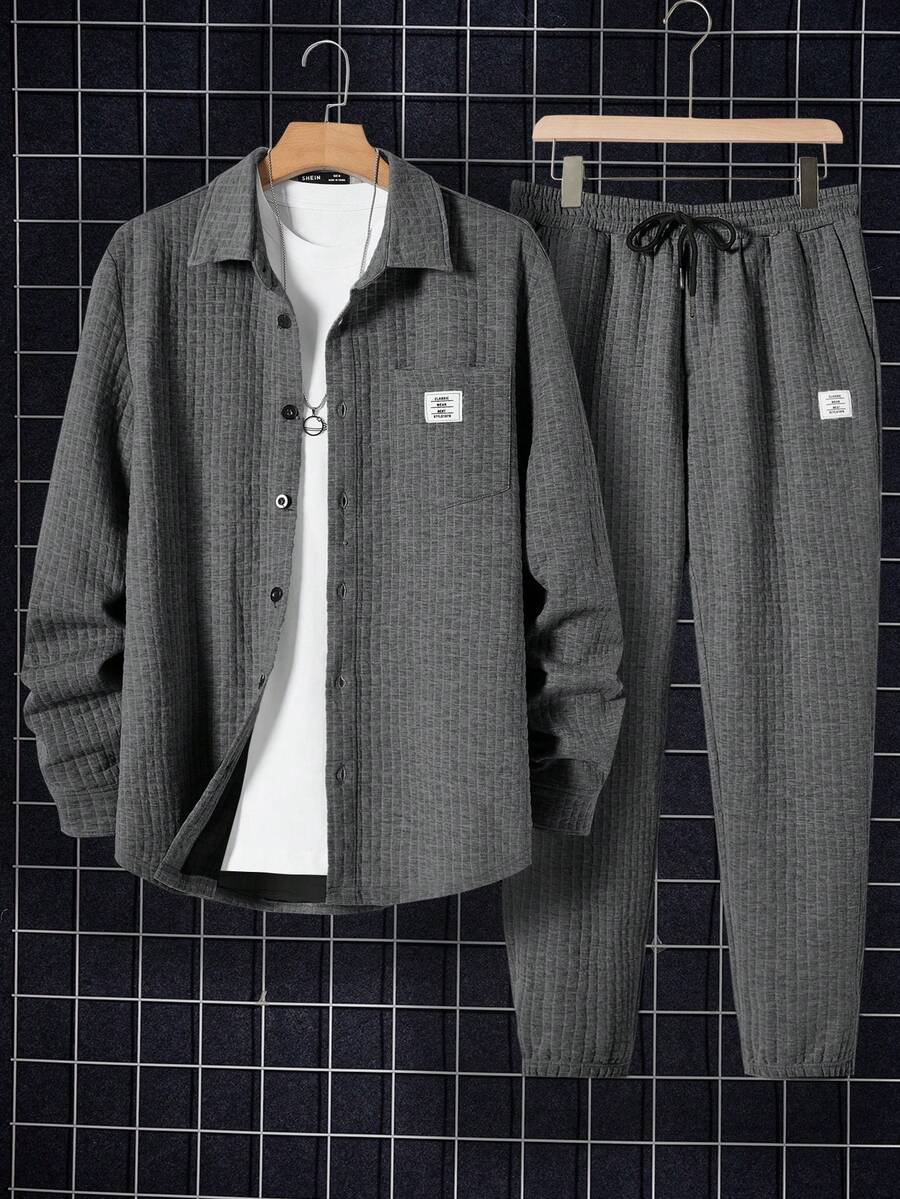 Manfinity RebelGame Loose Fit Men's Shirt And Drawstring Waist Pants With Letter Patches (No T-Shirt Included) - Dark Grey - View 1