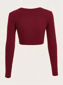 SHEIN EZwear Women's Autumn And Winter Cherry Red Thin Ribbeds Slim Fit Long Sleeves Crop Top With Large Round Neck - Burgundy - View 2