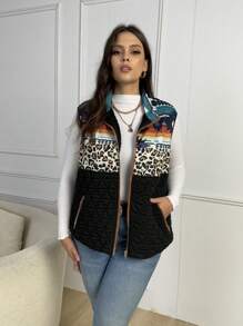 EMERY ROSE Áo vest phao không tay họa tiết da báo và họa tiết hình học cỡ lớn có khóa kéo - Nhiều màu - Xem 8