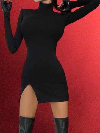 Solid High Neck Split Hem Bodycon Dress