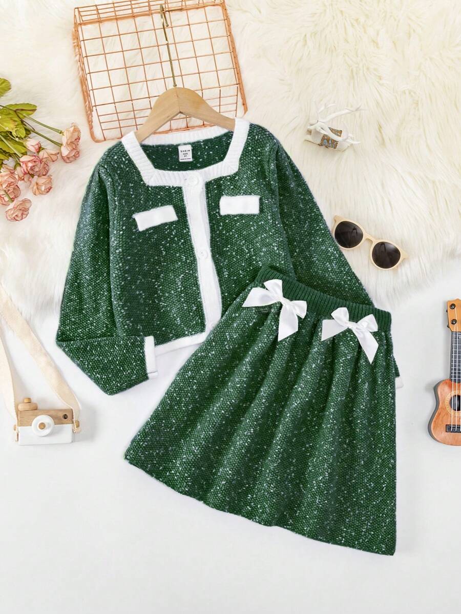 SHEIN Tween Girls' Elegant Bow Knot Sweater Set