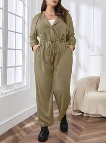 SHEIN Essnce Plus Drawstring Waist Hooded Jumpsuit - Green - View 6