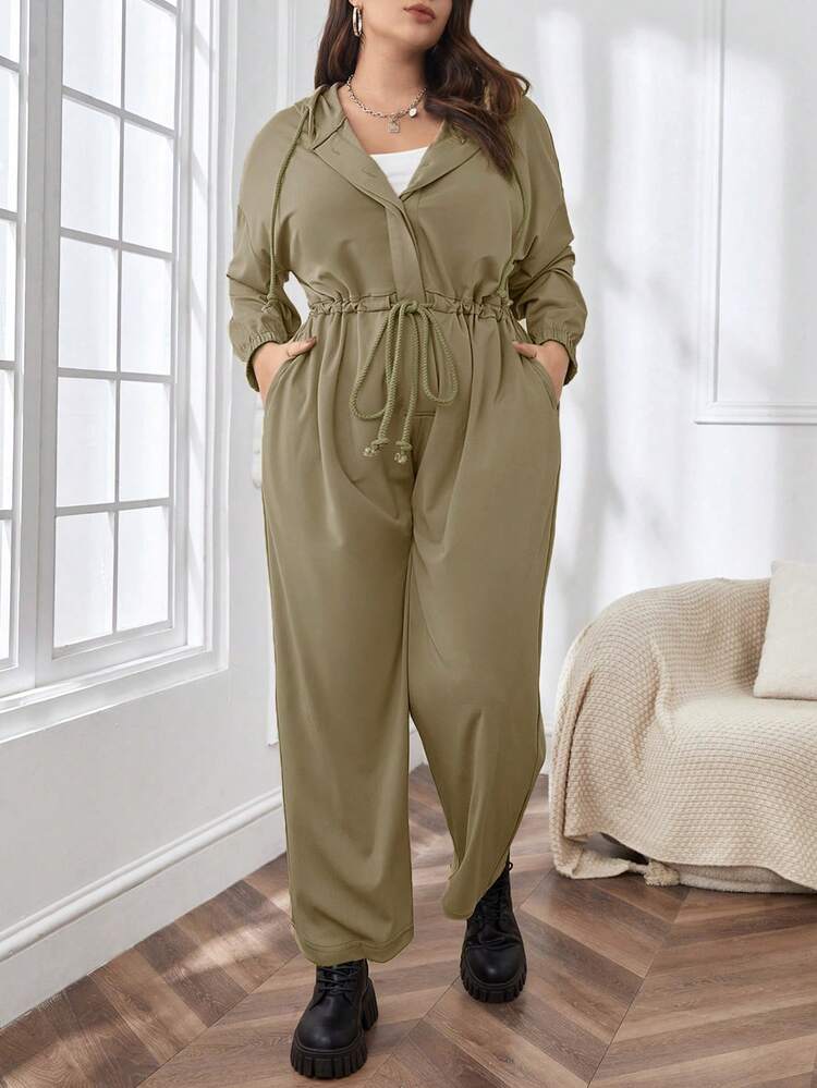 Plus Drawstring Waist Hooded Jumpsuit