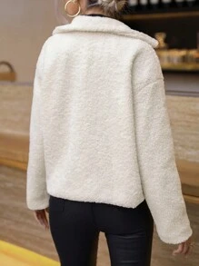 SHEIN Essnce Double Breasted Drop Shoulder Teddy Jacket - Beige - View 2