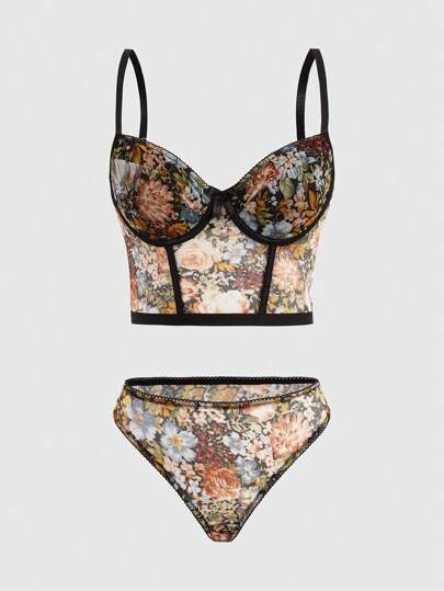 Fairycore Floral Print Women's Underwear Set (Bra & Panties), Lingerie