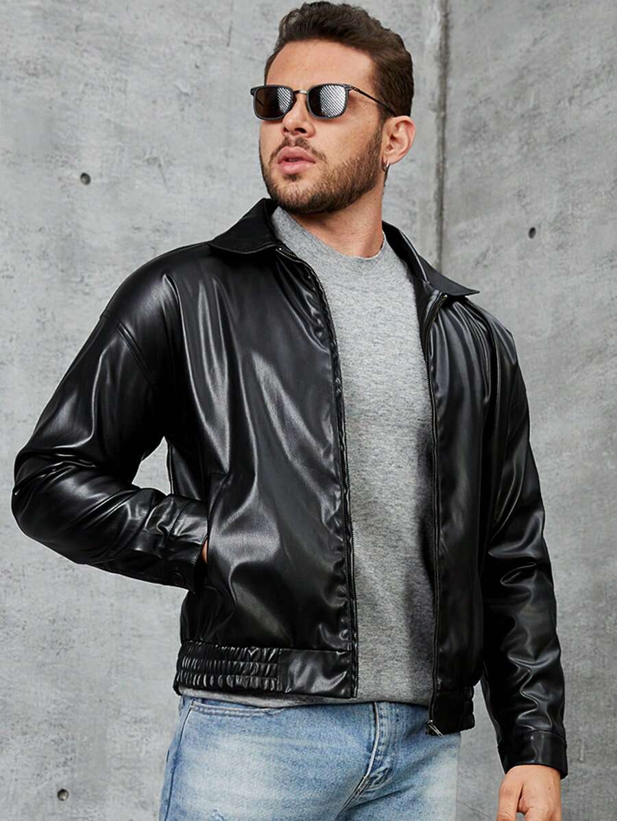 Manfinity Homme Men's Solid Color Zipper Pu Leather Jacket - Black - View 1