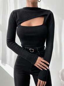 EURMUSE Women's Black Long Sleeve T-shirt With Keyhole Neckline - Black - View 2