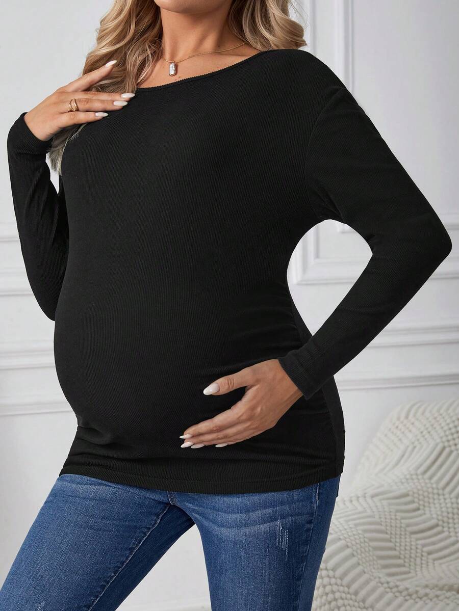 SHEIN Maternity Black Asymmetrical Long Sleeve T-Shirt - Black - View 1