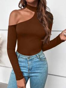 SHEIN BAE Asymmetric Neckline Solid Color T-shirt - Brown - View 3