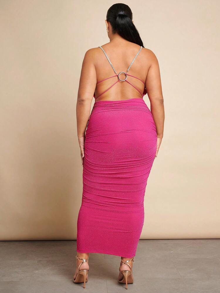 Hot Pink,Summer,Girlism,Night Out Club Sequined Long Dress,Plunging Neckline,Open Back,Chain Straps,Ruched Fit,Slit Hem, Look For Party&Christmas