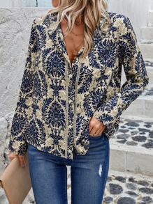 SHEIN Clasi 女式錦緞印花襯衫 - 藍色 - 查看 1