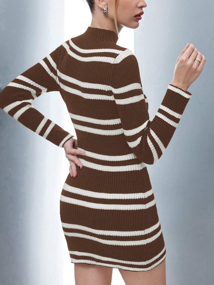 Women's Striped Stand Collar Hollow Out Casual Sweater Dress Fall Cloth For Women