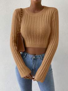 SHEIN LUNE Women's Solid Color Cropped Knit Pullover Fall Winter Sweater - Khaki - View 5