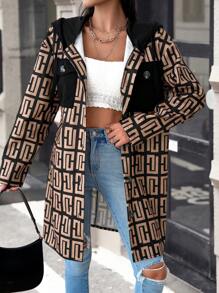 Chiquease 滿版印花落肩袖翻蓋口袋連帽外套 - 棕色 - 查看 5