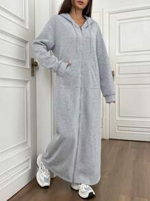 SHEIN Unity 拉鍊帽衫,長款,帶束帶 - 灰色 - 查看 6